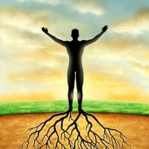 Man silhouette connects to the Earth with some roots developing from its legs. Digital illustration.