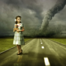 little girl large tornado over the road ( photo and hand-drawing elements combined. The grain and texture added. )